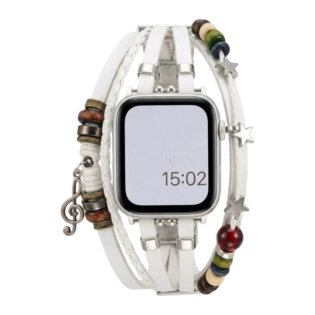 Apple Watch Bracelet in Braided Vegan Leather, Decorative Beads and Musical Pendant, Boho Chic Design, Steel Clasp, Bobbie Model
