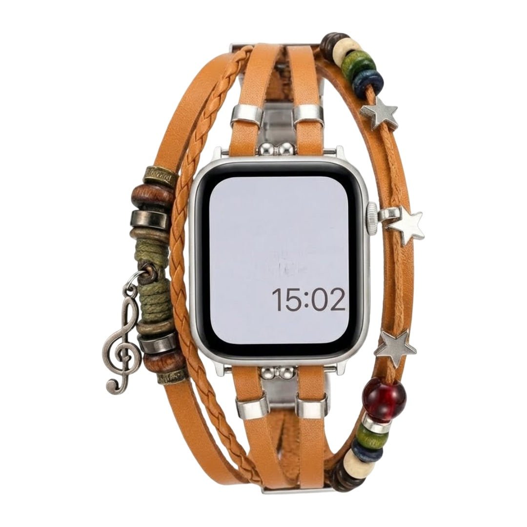 Apple Watch Bracelet in Braided Vegan Leather, Decorative Beads and Musical Pendant, Boho Chic Design, Steel Clasp, Bobbie Model