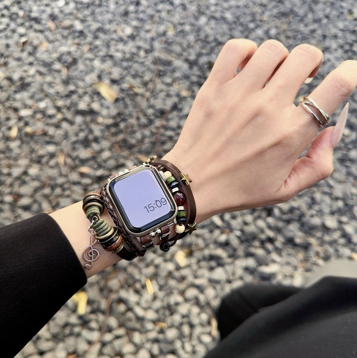 Apple Watch Bracelet in Braided Vegan Leather, Decorative Beads and Musical Pendant, Boho Chic Design, Steel Clasp, Bobbie Model