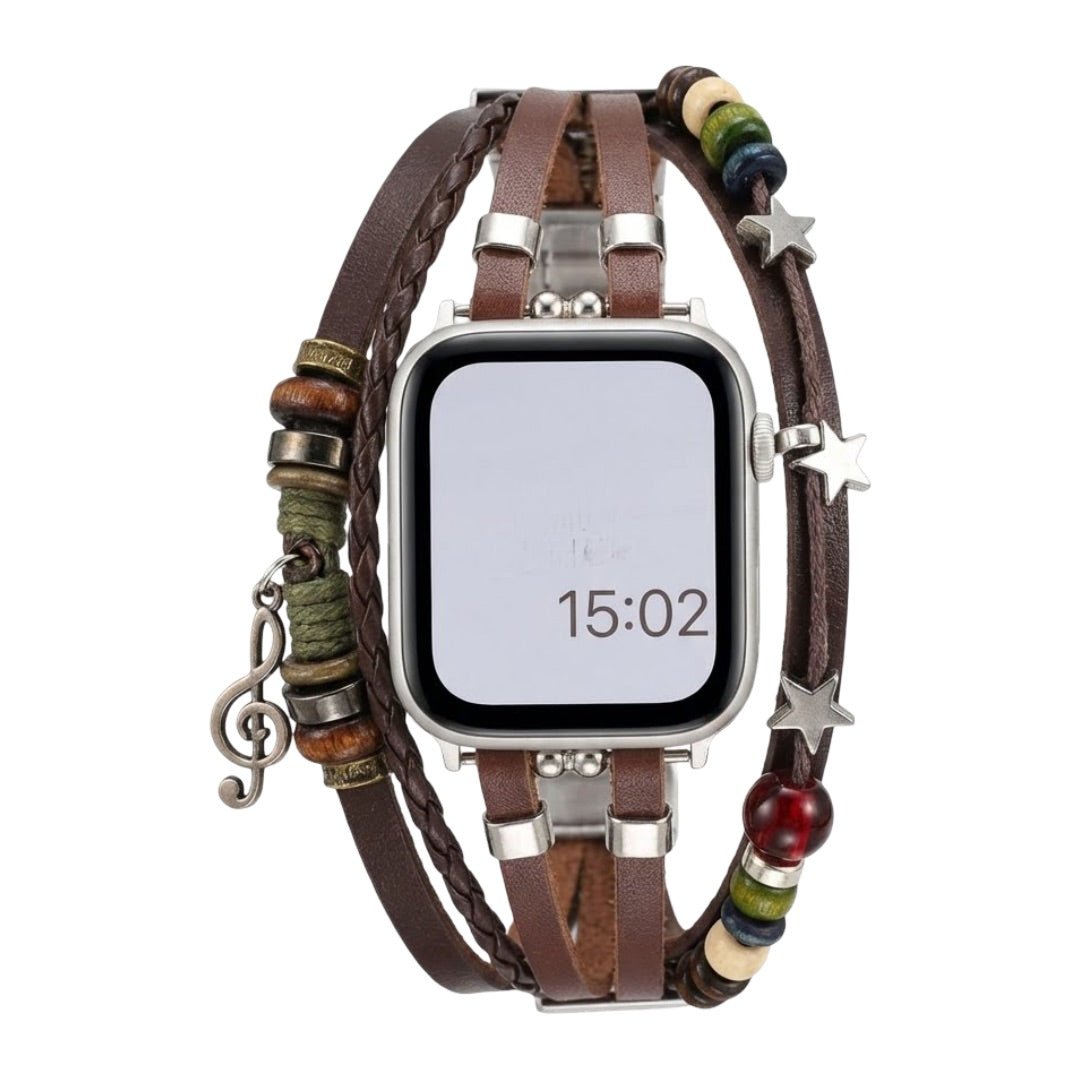 Apple Watch Bracelet in Braided Vegan Leather, Decorative Beads and Musical Pendant, Boho Chic Design, Steel Clasp, Bobbie Model
