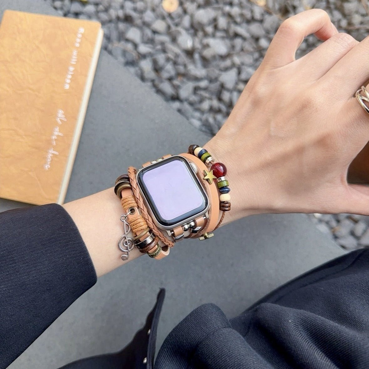 Apple Watch Bracelet in Braided Vegan Leather, Decorative Beads and Musical Pendant, Boho Chic Design, Steel Clasp, Bobbie Model