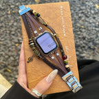 Apple Watch Bracelet in Braided Vegan Leather, Decorative Beads and Musical Pendant, Boho Chic Design, Steel Clasp, Bobbie Model