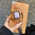Apple Watch Bracelet in Braided Vegan Leather, Decorative Beads and Musical Pendant, Boho Chic Design, Steel Clasp, Bobbie Model
