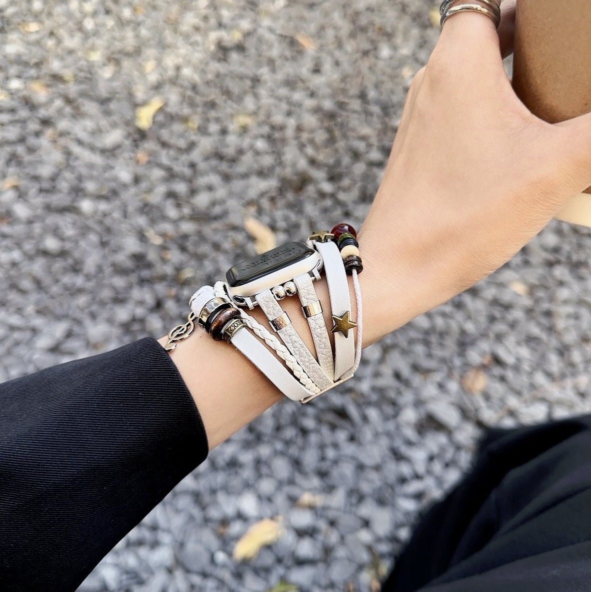 Apple Watch Bracelet in Braided Vegan Leather, Decorative Beads and Musical Pendant, Boho Chic Design, Steel Clasp, Bobbie Model