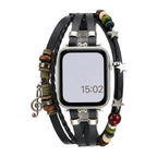 Apple Watch Bracelet in Braided Vegan Leather, Decorative Beads and Musical Pendant, Boho Chic Design, Steel Clasp, Bobbie Model