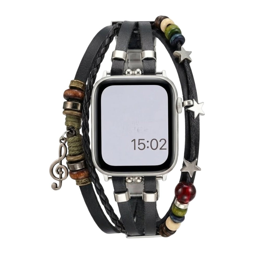 Apple Watch Bracelet in Braided Vegan Leather, Decorative Beads and Musical Pendant, Boho Chic Design, Steel Clasp, Bobbie Model