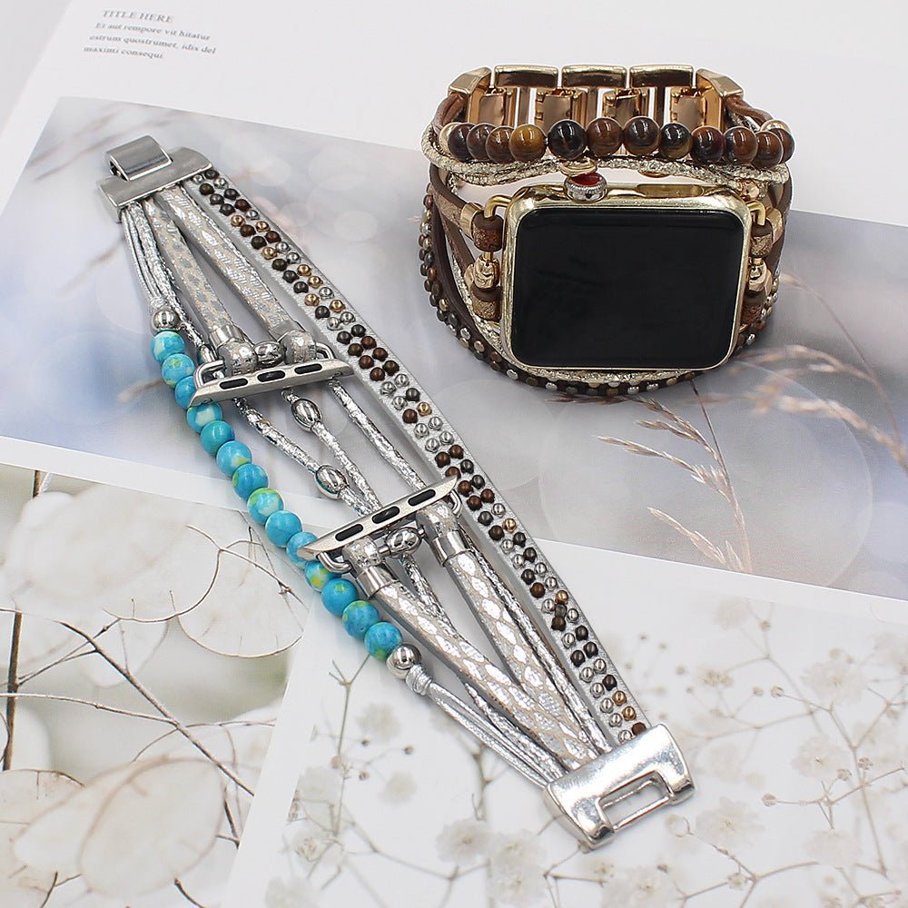 Apple Watch Multi-Strand Cuff Bracelet, Decorative Beads and Textured Straps, Bohemian Style, Tadjina Model