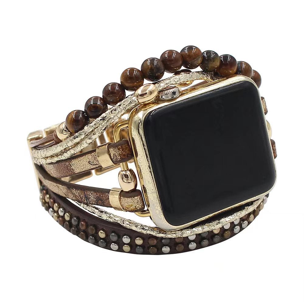 Apple Watch Multi-Strand Cuff Bracelet, Decorative Beads and Textured Straps, Bohemian Style, Tadjina Model