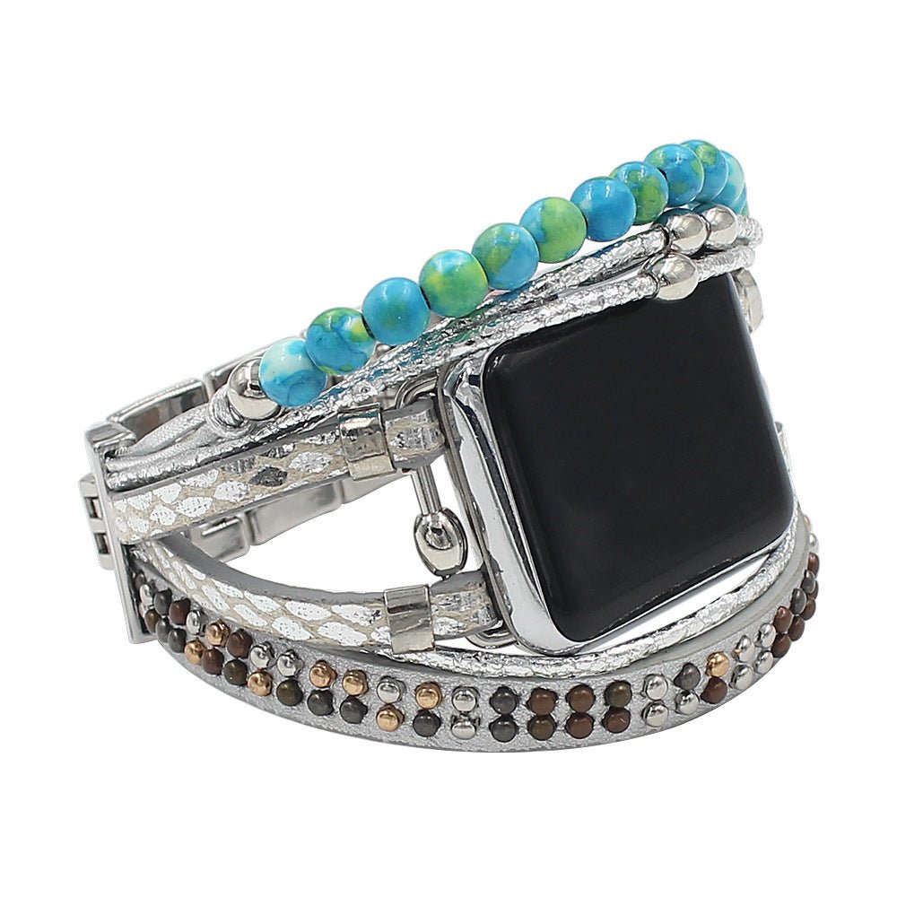 Apple Watch Multi-Strand Cuff Bracelet, Decorative Beads and Textured Straps, Bohemian Style, Tadjina Model