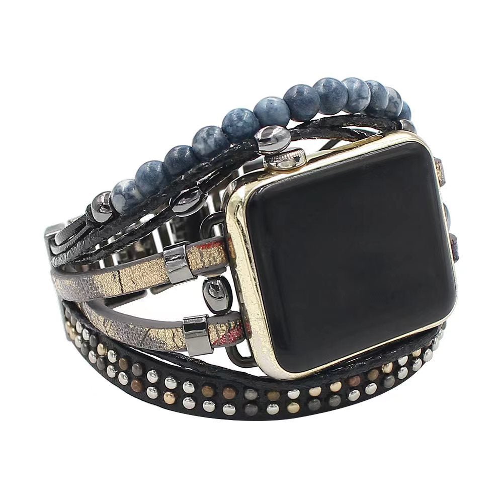 Apple Watch Multi-Strand Cuff Bracelet, Decorative Beads and Textured Straps, Bohemian Style, Tadjina Model