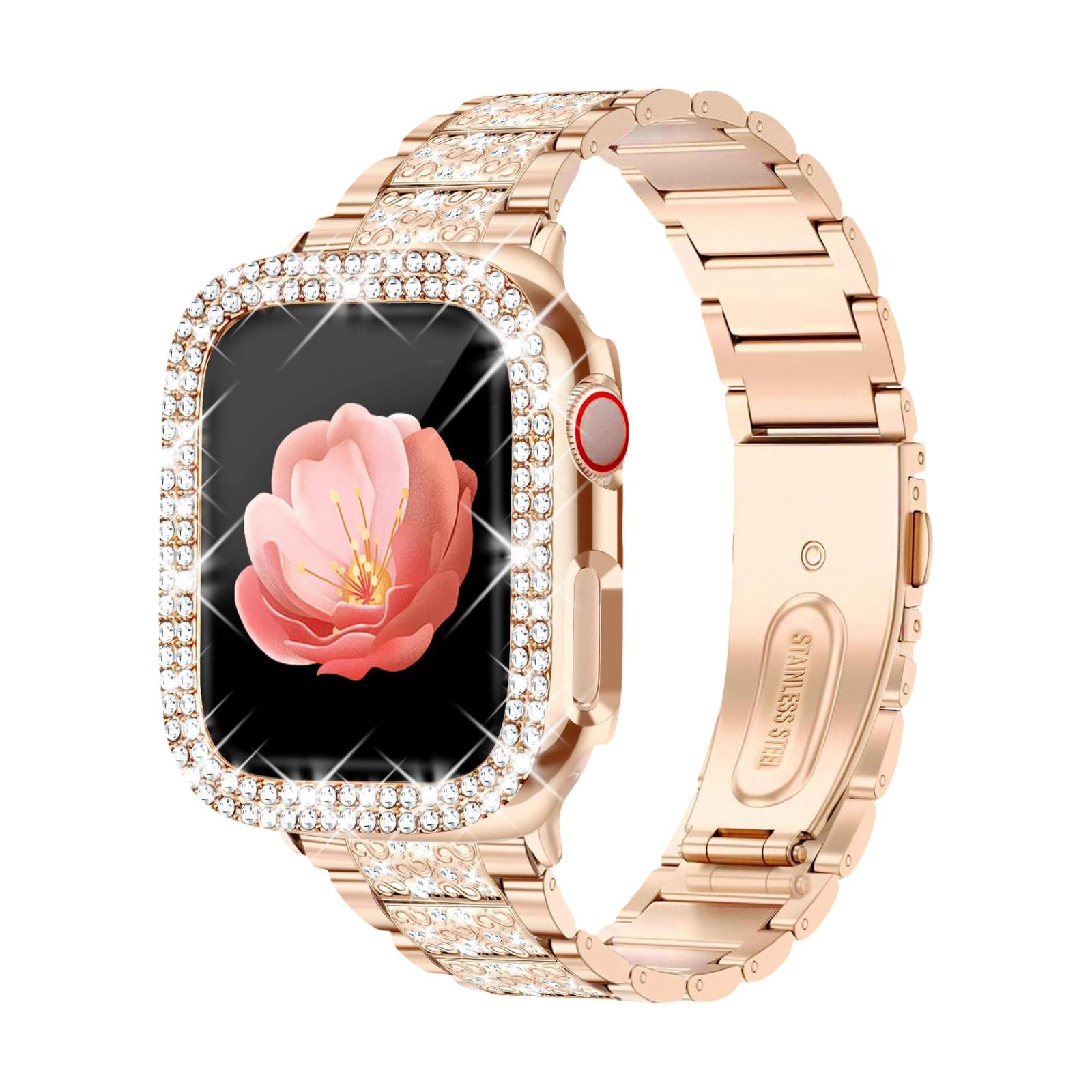 Apple Watch Bracelet for Women, Stainless Steel, Sparkling Rhinestones, Integrated Protective Case, Adjustable Links, Stracha Model