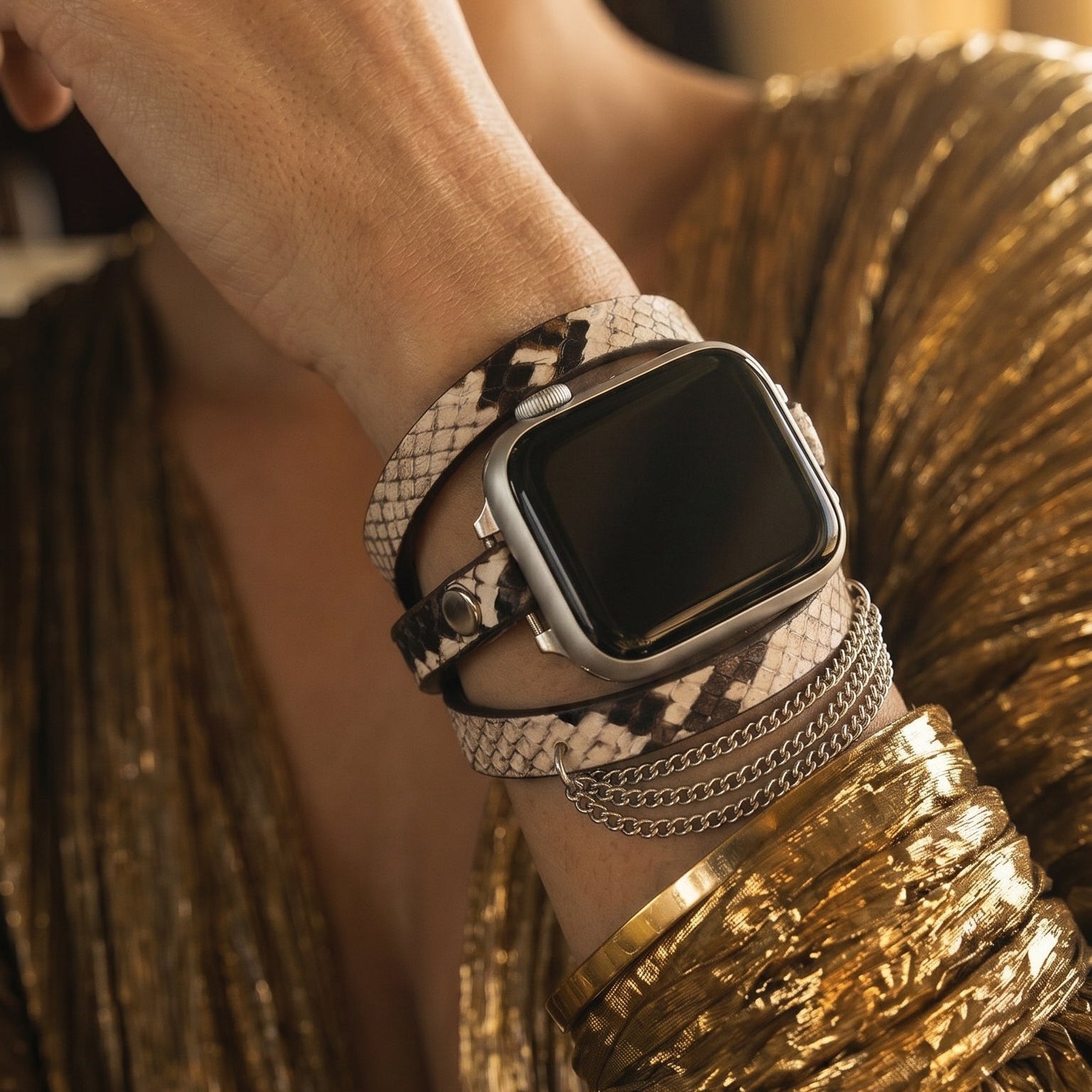 Apple Watch Bracelet for Women, Snake Pattern Leather, Stainless Steel Chains, Adjustable Links, Triple Wrap Bracelet, Philyra Model