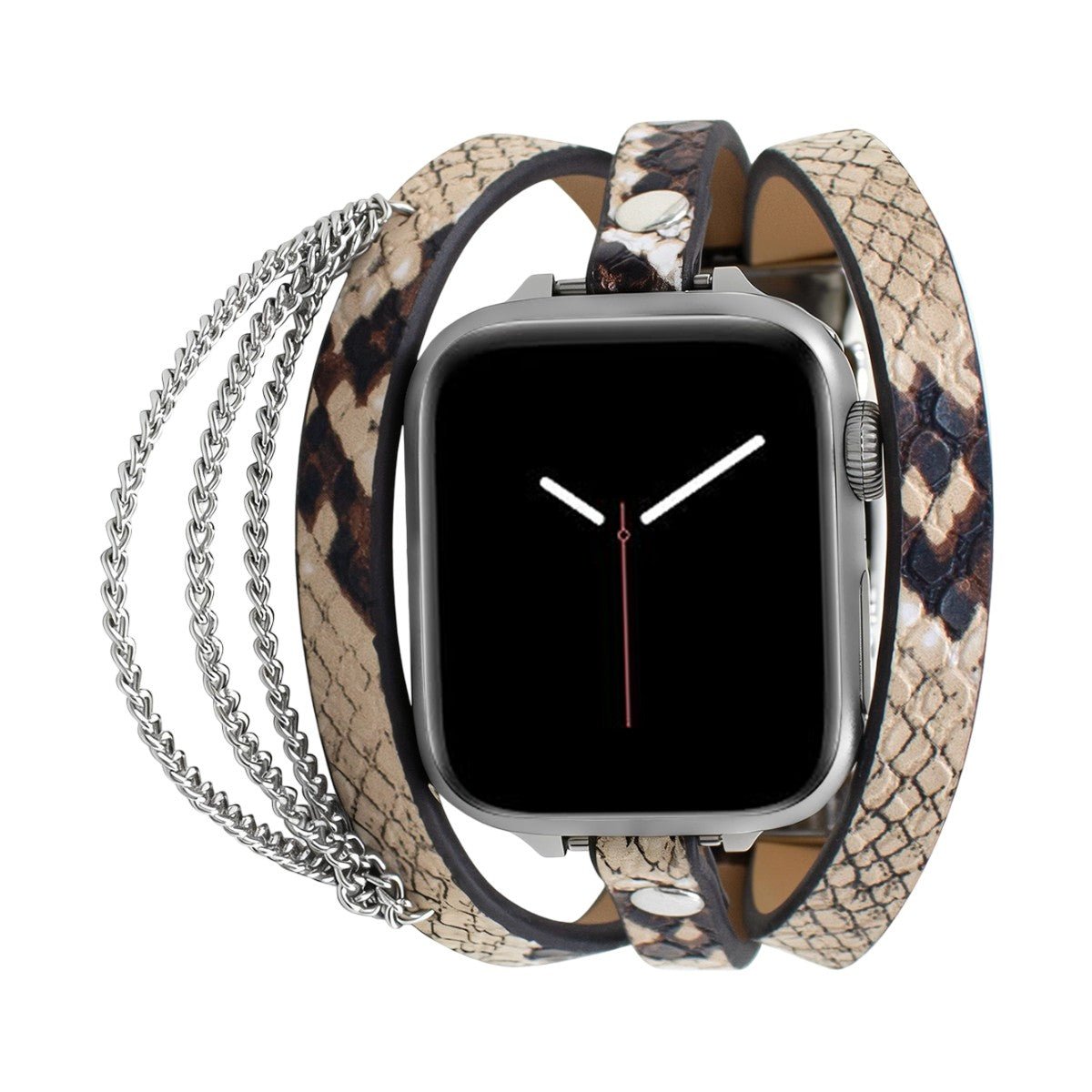 Apple Watch Bracelet for Women, Snake Pattern Leather, Stainless Steel Chains, Adjustable Links, Triple Wrap Bracelet, Philyra Model