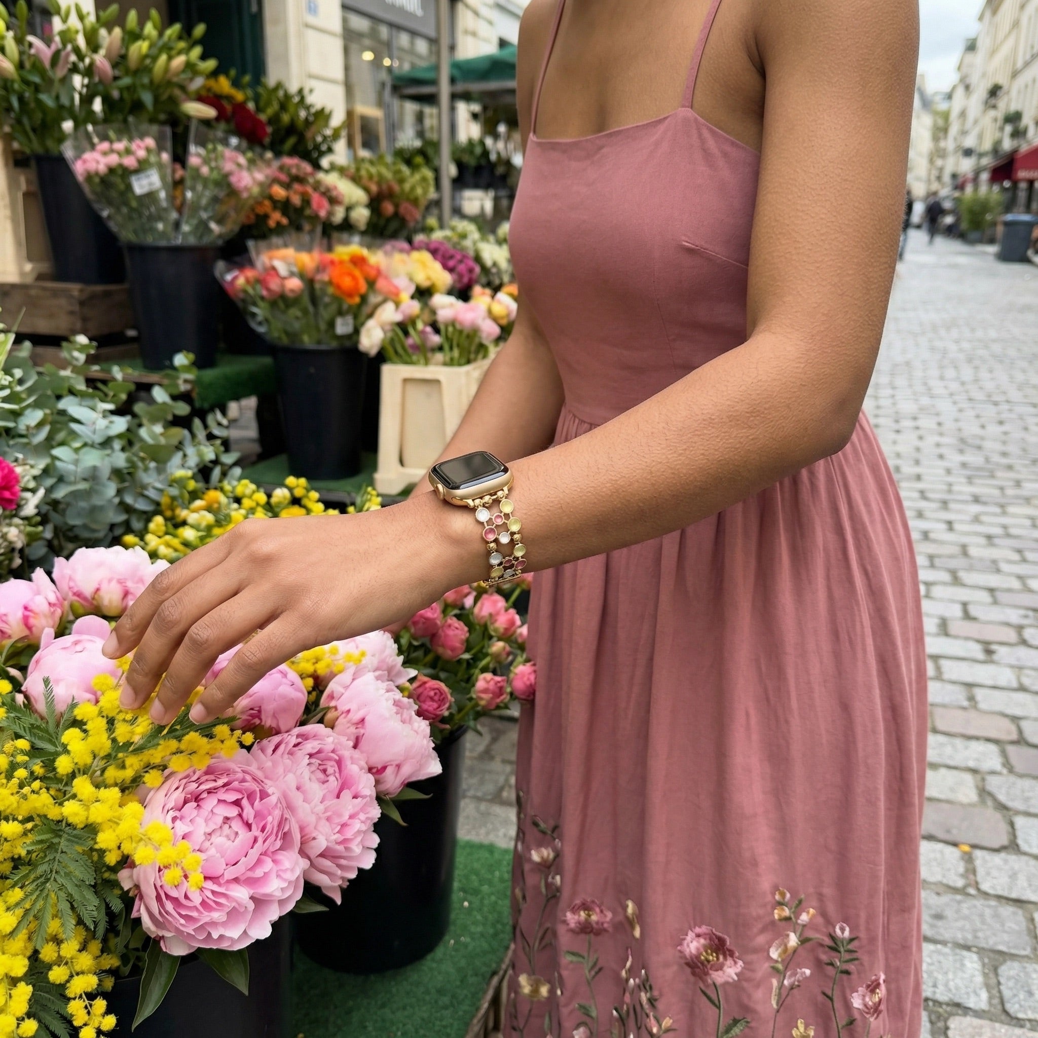Apple Watch Bracelet with Gold Links and Multicolored Enameled Cabochons, for Women, Bestine Model