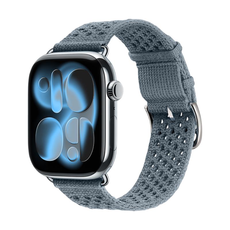 Women's Apple Watch bracelet in breathable braided nylon, stainless steel tang buckle, compatible with all series, available in bright red, navy blue, beige, and slate gray, Urtia model
