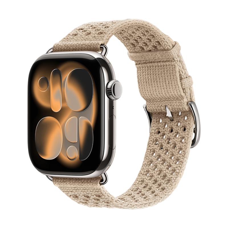 Women's Apple Watch bracelet in breathable braided nylon, stainless steel tang buckle, compatible with all series, available in bright red, navy blue, beige, and slate gray, Urtia model