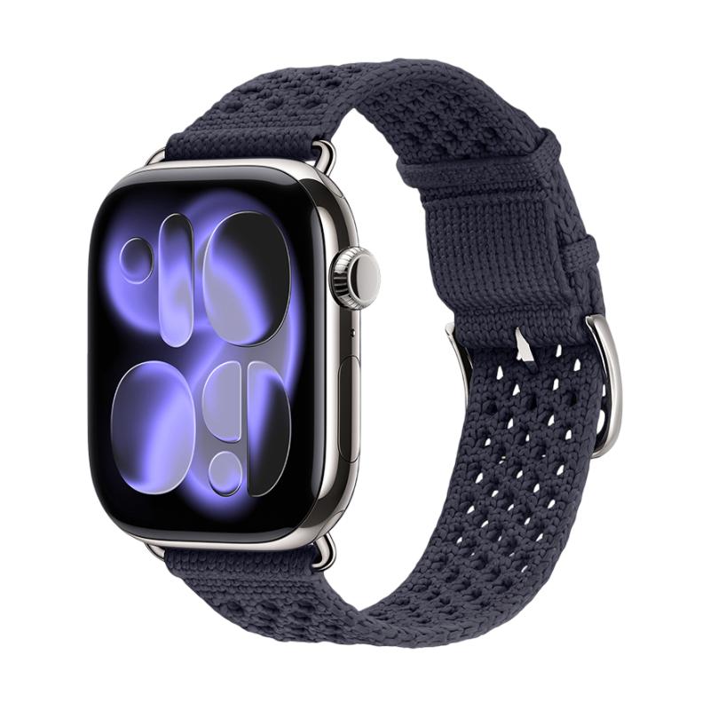 Women's Apple Watch bracelet in breathable braided nylon, stainless steel tang buckle, compatible with all series, available in bright red, navy blue, beige, and slate gray, Urtia model