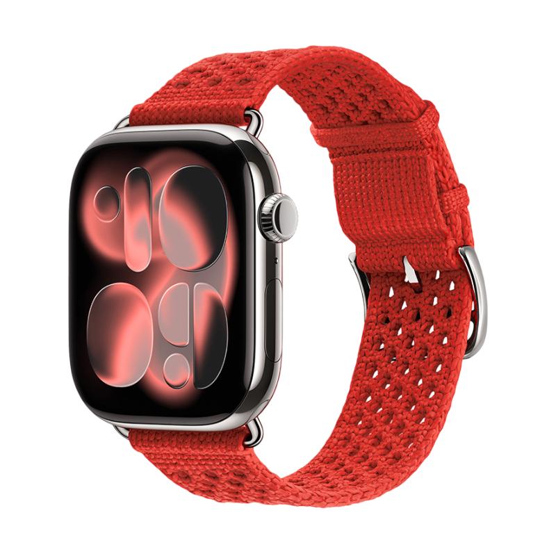 Women's Apple Watch bracelet in breathable braided nylon, stainless steel tang buckle, compatible with all series, available in bright red, navy blue, beige, and slate gray, Urtia model