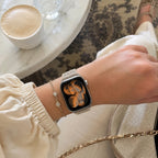 Women's Apple Watch bracelet in breathable braided nylon, stainless steel tang buckle, compatible with all series, available in bright red, navy blue, beige, and slate gray, Urtia model