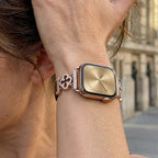Women's Apple Watch Bracelet in Patent Faux Leather, Clover Motif with Paved Zircon, Elegant Gold-Tone Alloy, Circé Model