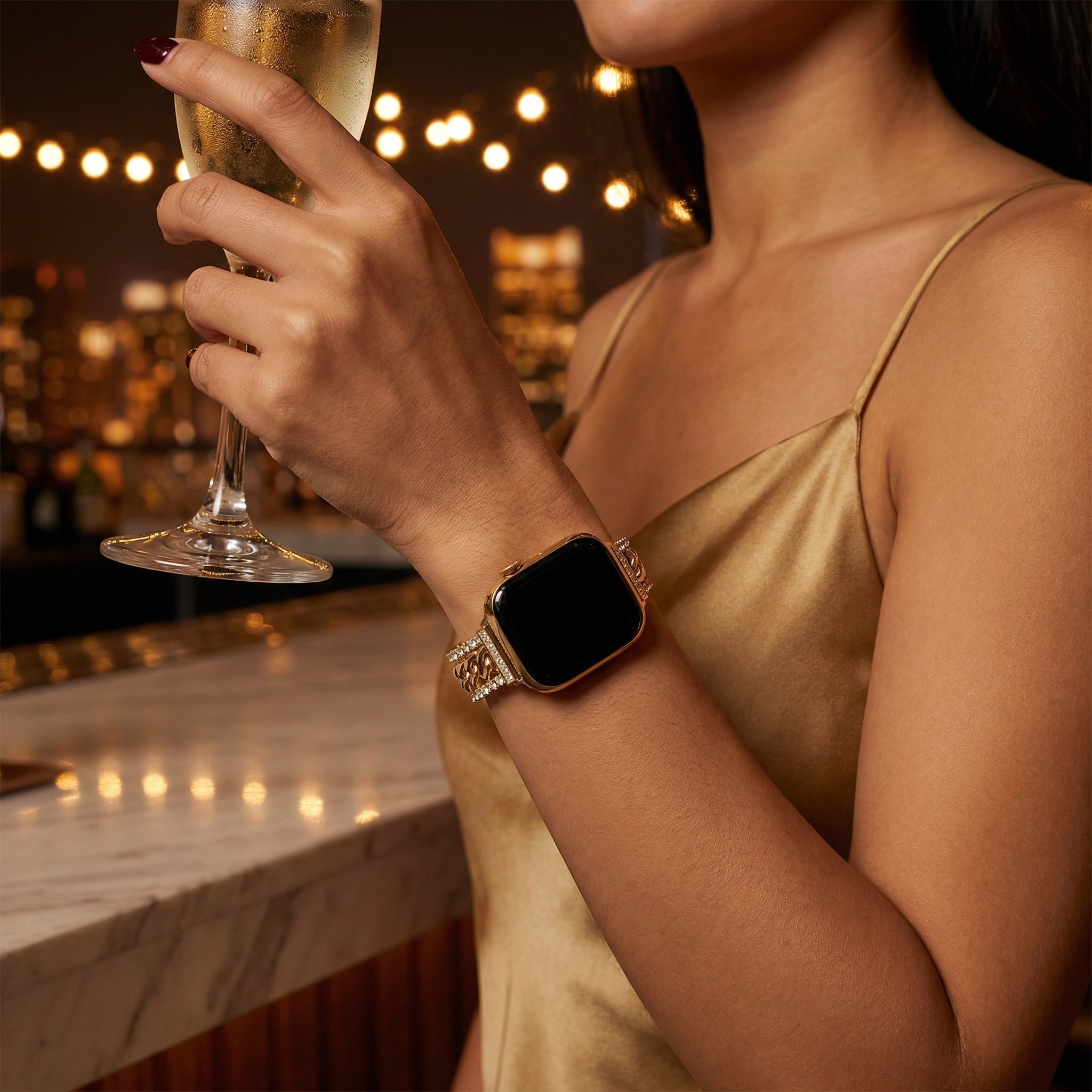 Apple Watch Bracelet with Double Cuban Link and Rhinestones, Adjustable Links, for Women, Kania Model