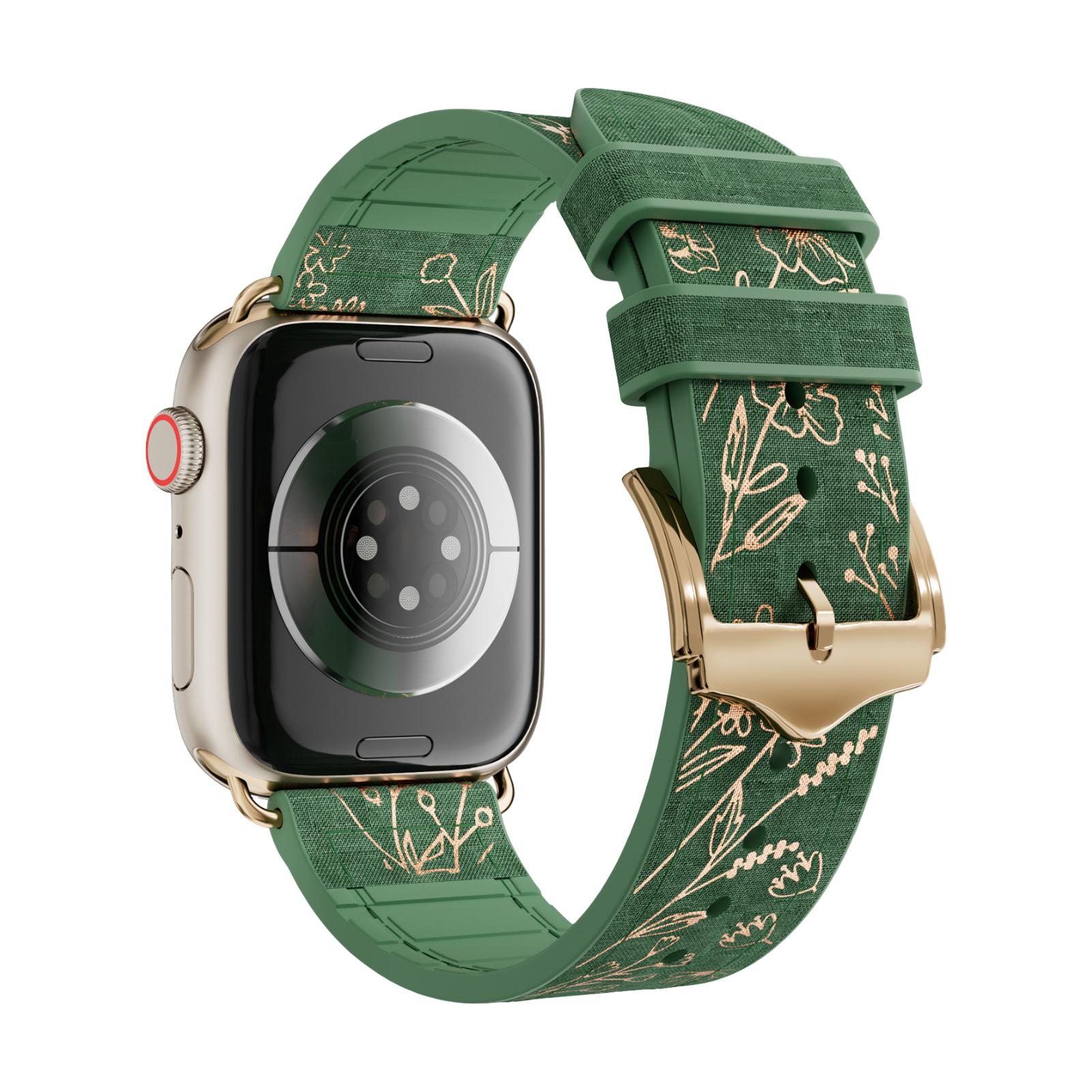 Apple Watch Silicone Bracelet, Gold Floral Print, Pin Buckle Clasp, Jendie Model