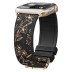 Apple Watch Silicone Bracelet, Gold Floral Print, Pin Buckle Clasp, Jendie Model