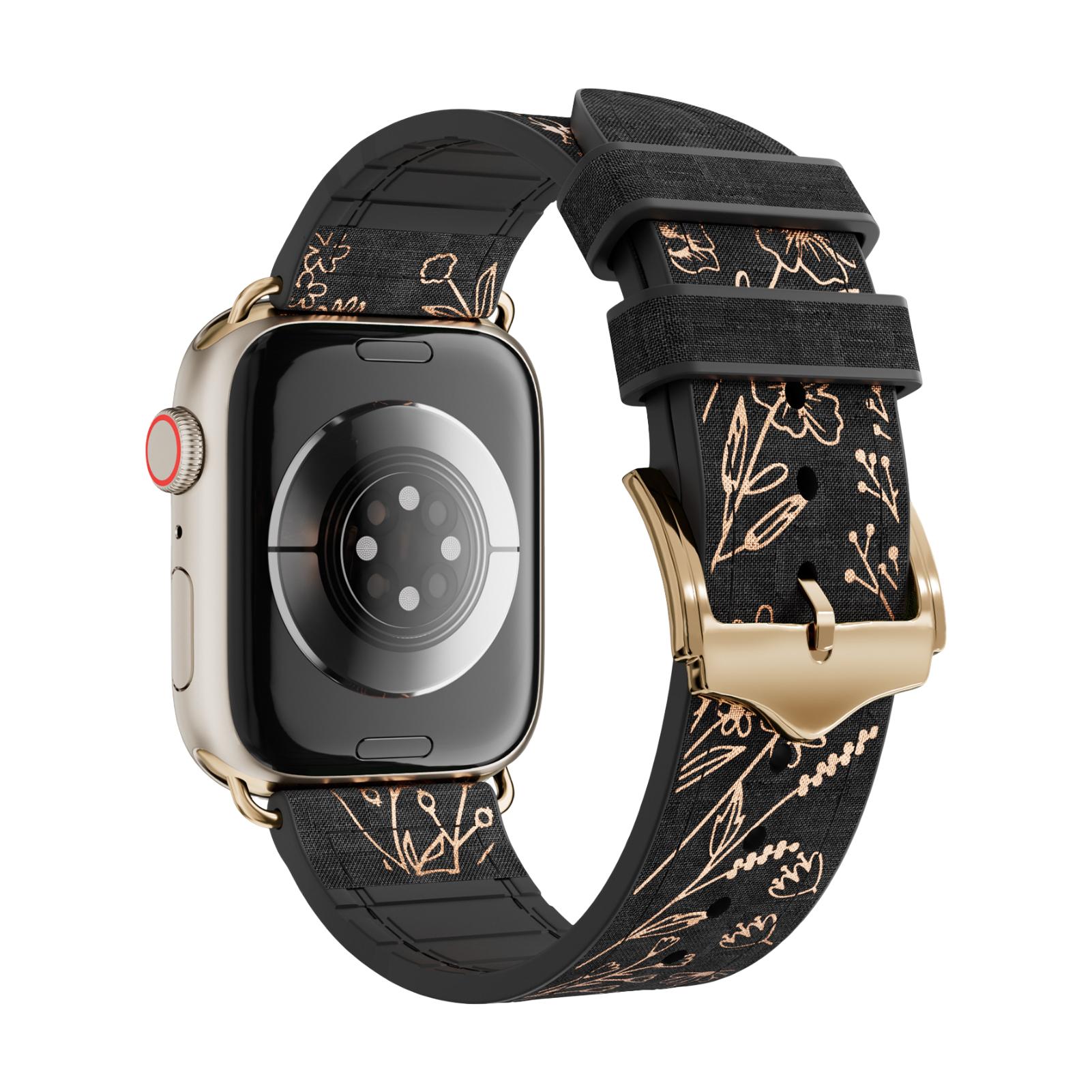Apple Watch Silicone Bracelet, Gold Floral Print, Pin Buckle Clasp, Jendie Model