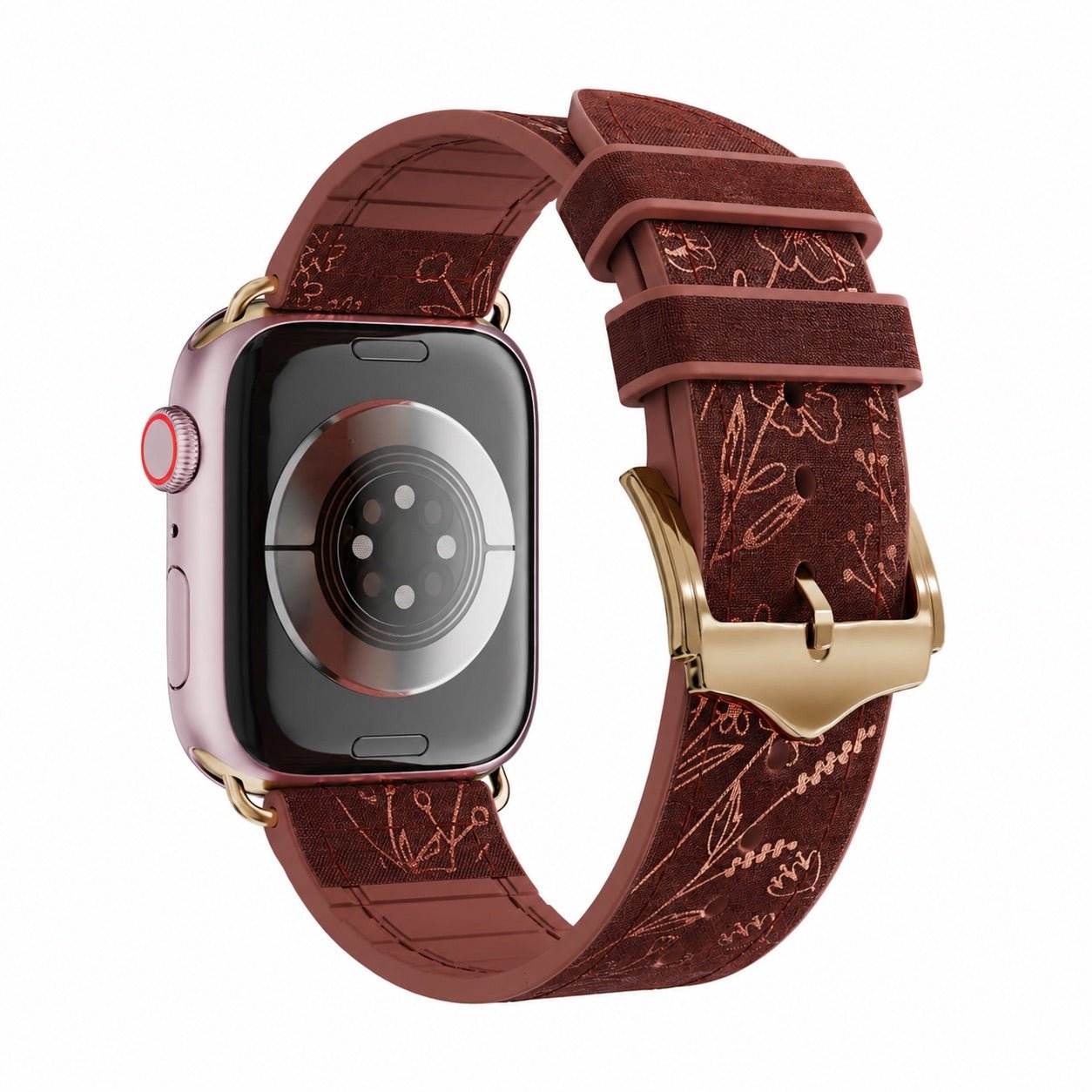 Apple Watch Silicone Bracelet, Gold Floral Print, Pin Buckle Clasp, Jendie Model