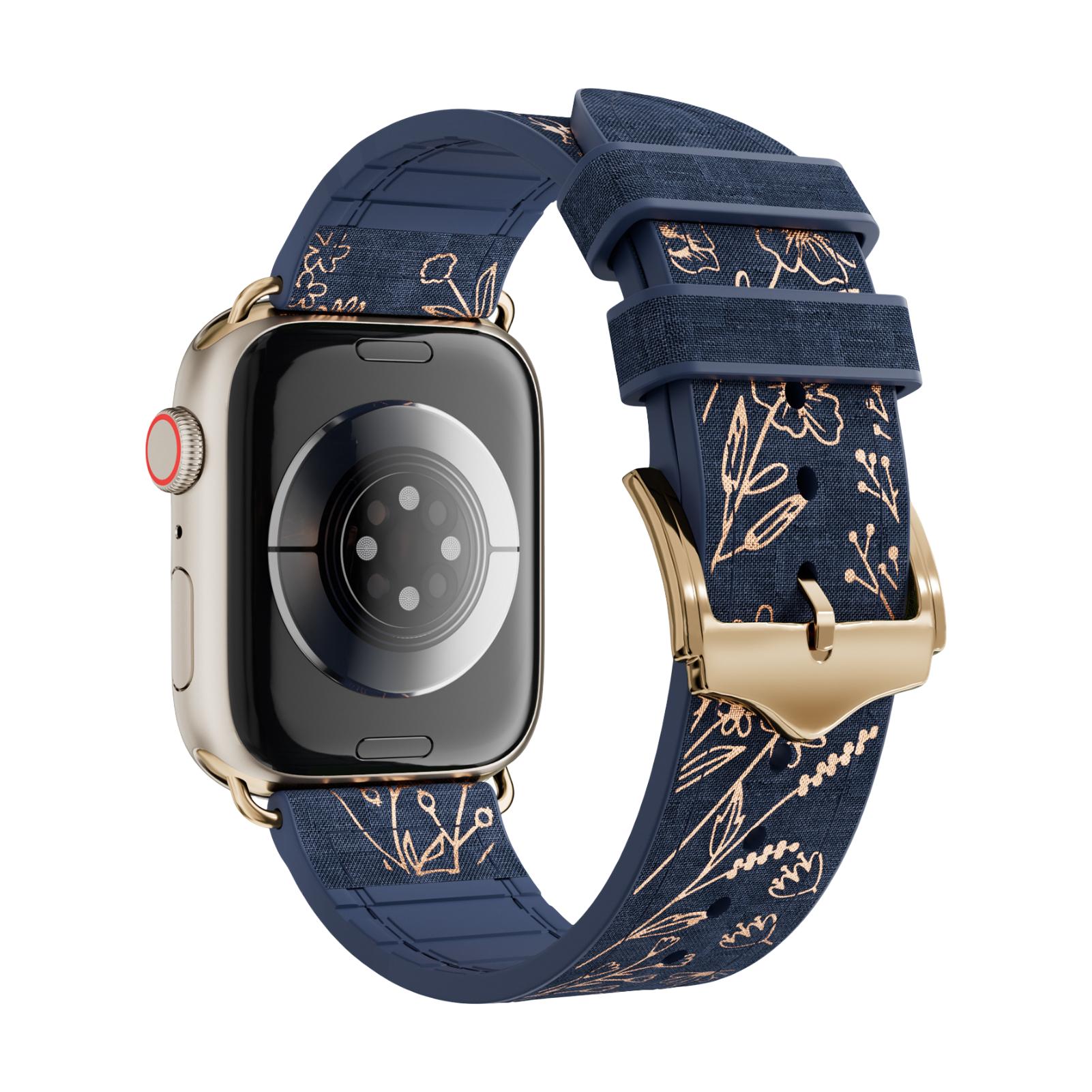 Apple Watch Silicone Bracelet, Gold Floral Print, Pin Buckle Clasp, Jendie Model