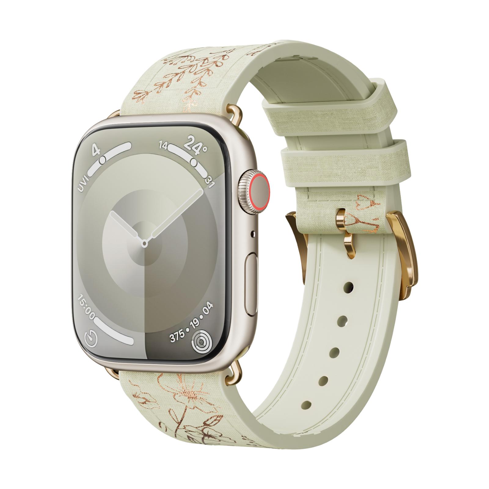 Apple Watch Silicone Bracelet, Gold Floral Print, Pin Buckle Clasp, Jendie Model