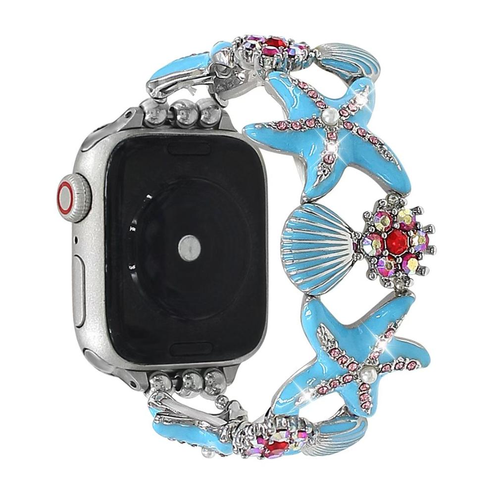 Women's Apple Watch Bracelet, marine motifs, starfish, seashells, colorful rhinestones, metal alloy, elastic, Mazia model