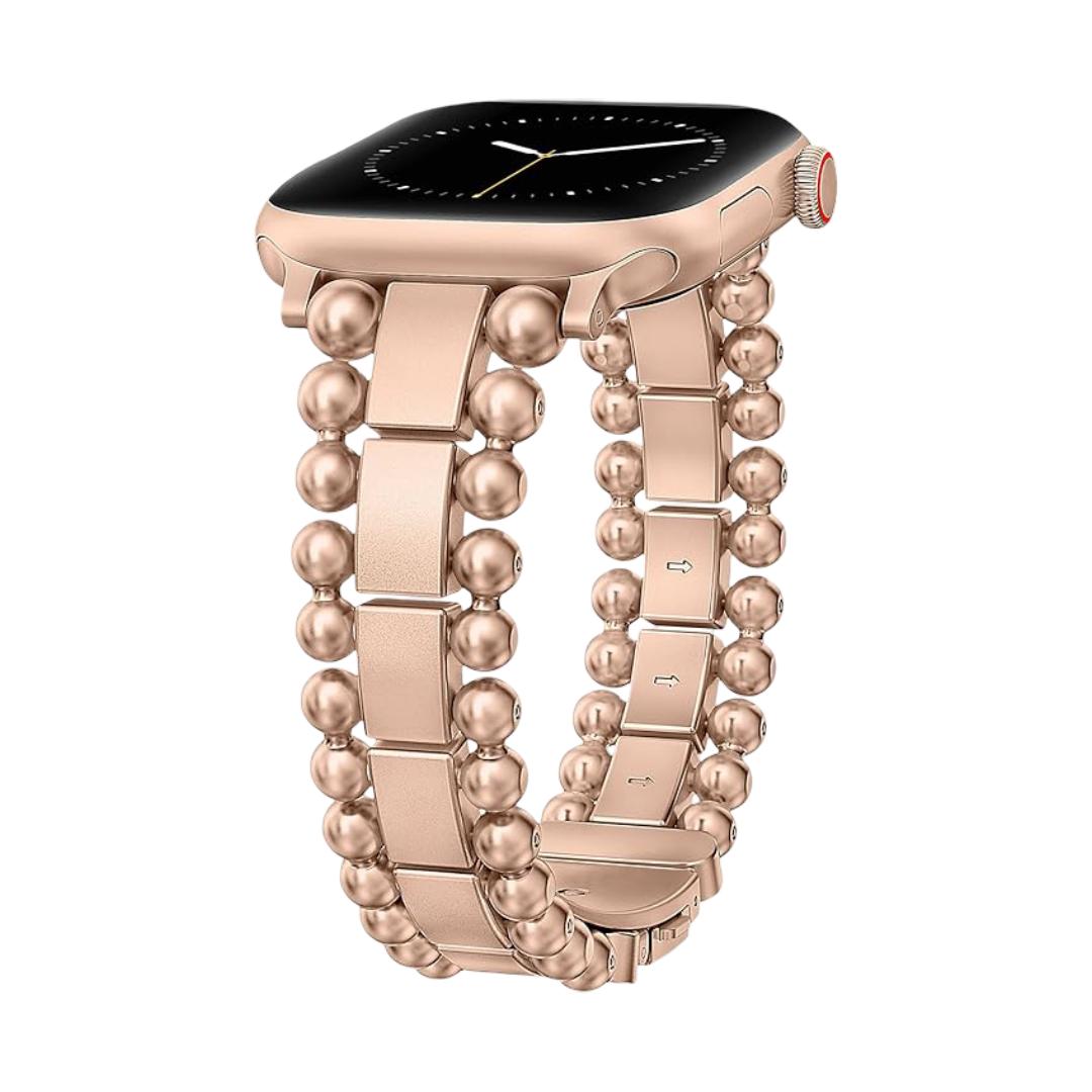 Apple Watch Bracelet with Round Beads and Rectangular Links, Butterfly Clasp, Anya Model