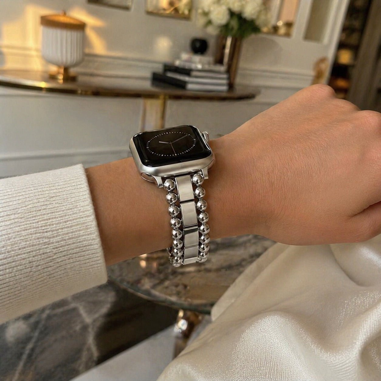 Apple Watch Bracelet with Round Beads and Rectangular Links, Butterfly Clasp, Anya Model