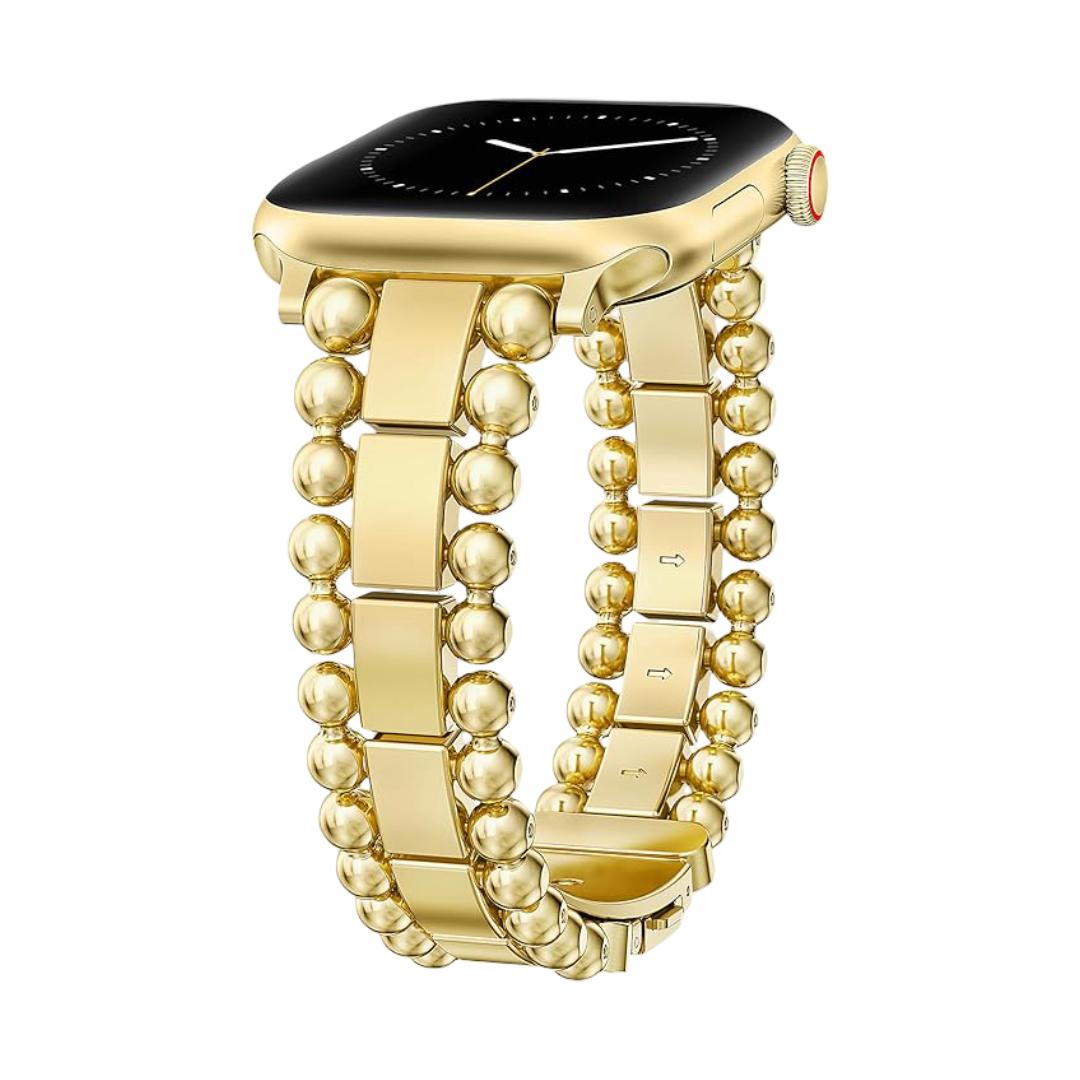 Apple Watch Bracelet with Round Beads and Rectangular Links, Butterfly Clasp, Anya Model