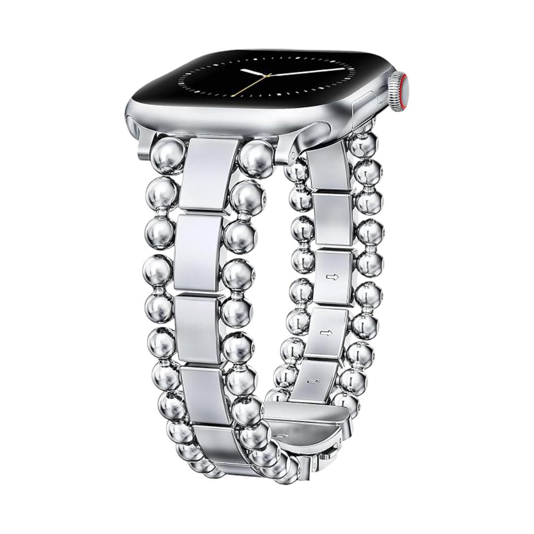Apple Watch Bracelet with Round Beads and Rectangular Links, Butterfly Clasp, Anya Model