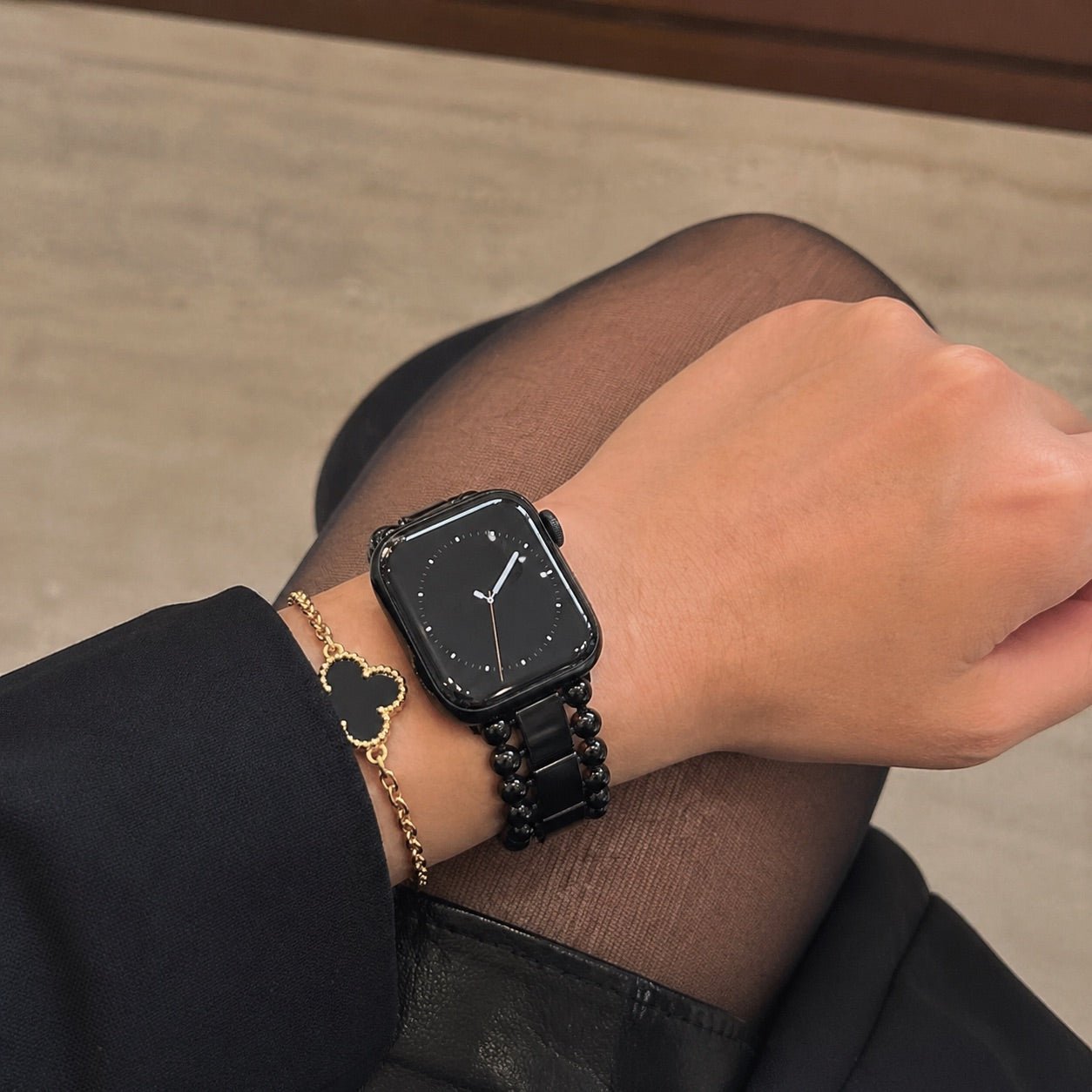 Apple Watch Bracelet with Round Beads and Rectangular Links, Butterfly Clasp, Anya Model