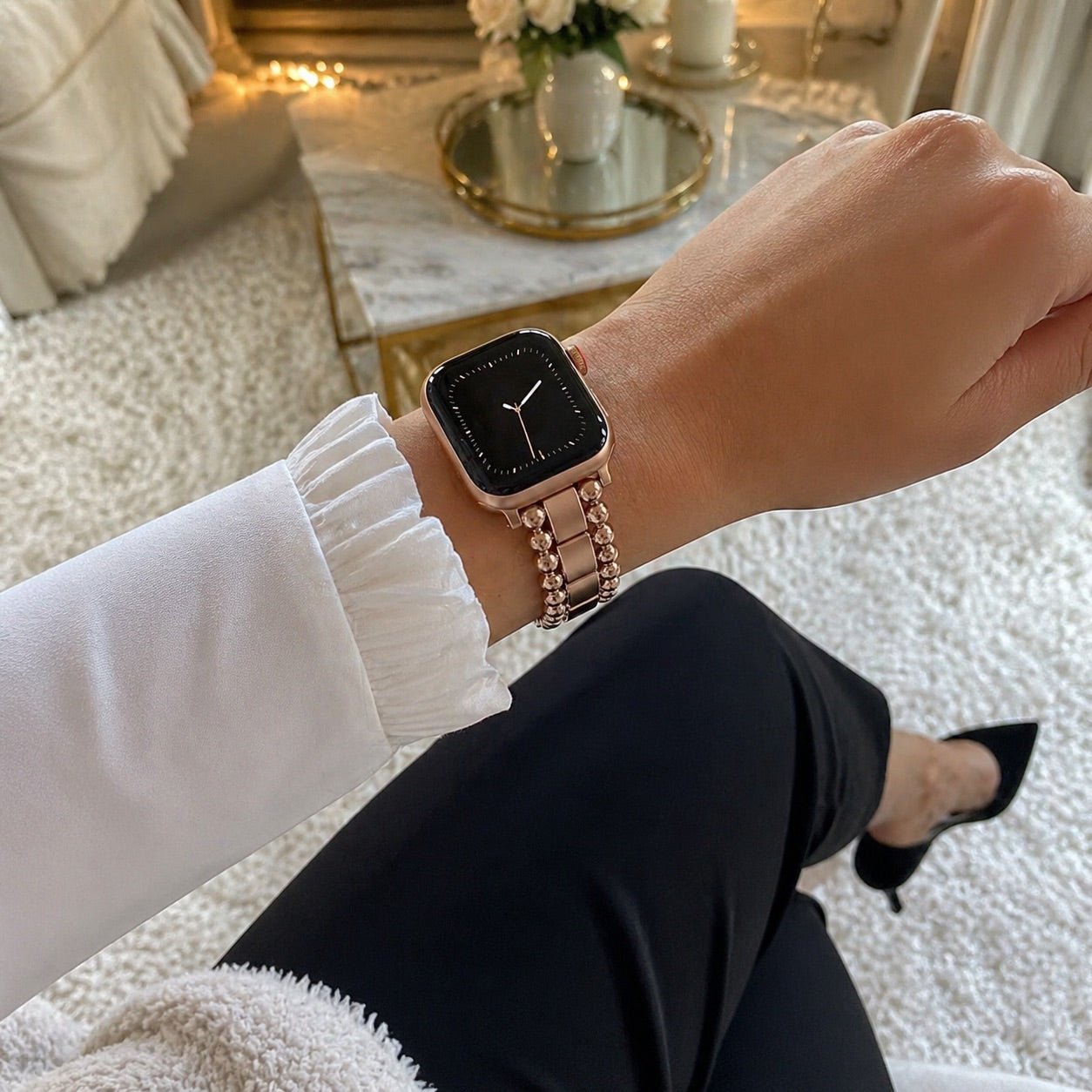 Apple Watch Bracelet with Round Beads and Rectangular Links, Butterfly Clasp, Anya Model