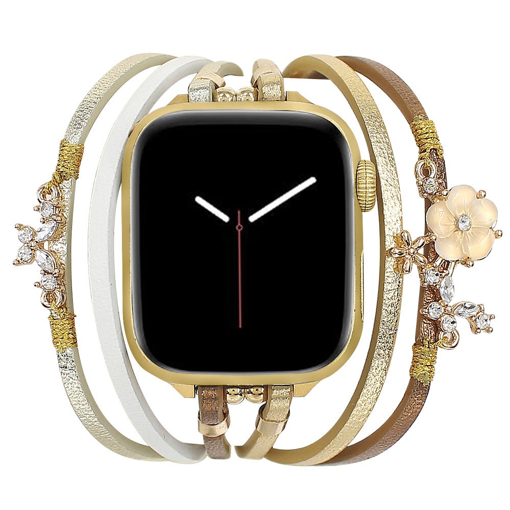 Elegant Apple Watch Bracelet for Women, Leather, Multi-Wrap Gold Bracelet, Floral Design, Florence Model