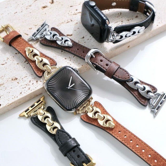 Apple Watch marine mesh bracelet, slim adjustable strap with pin buckle, gold, silver, and black finishes, Malsa model