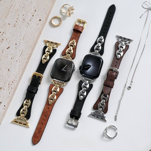 Apple Watch marine mesh bracelet, slim adjustable strap with pin buckle, gold, silver, and black finishes, Malsa model