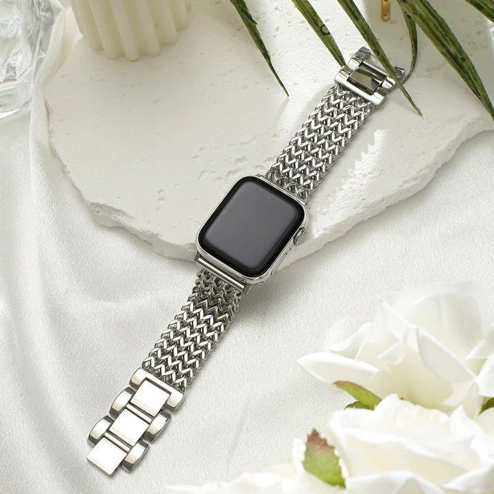 Apple Watch Bracelet in Stainless Steel, Braided Chevron Spiga Mesh, Clytia Model