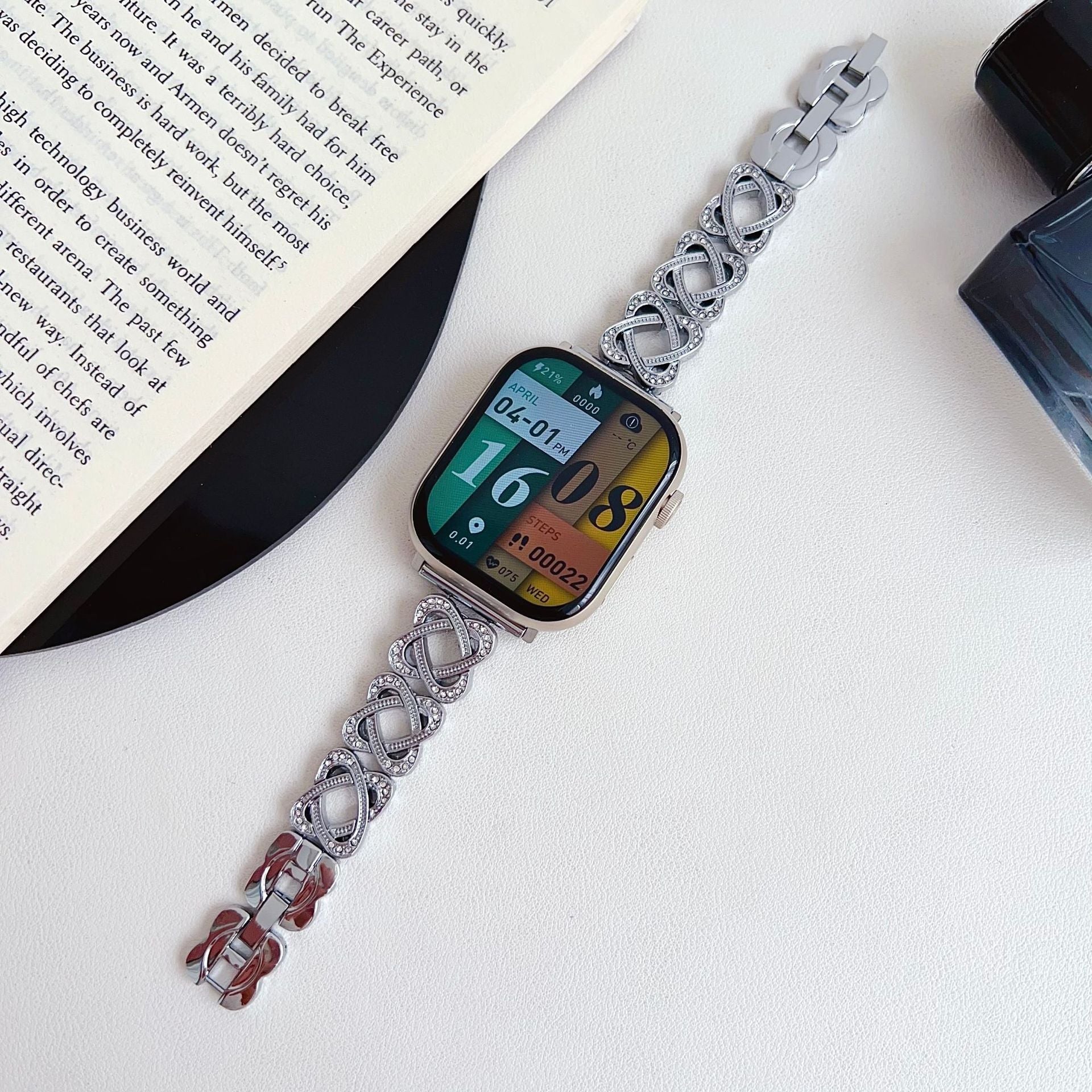 Apple Watch Bracelet with Interlaced Links, Infinity Pattern Set with Zirconia, Clasp Fastening, Zergone Model