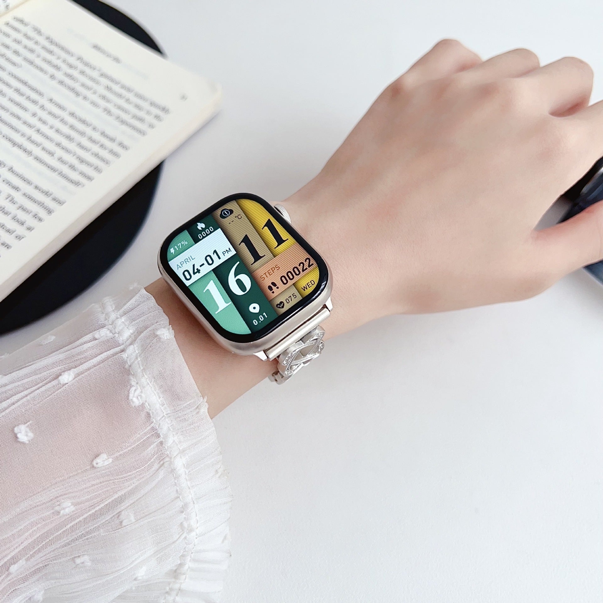 Apple Watch Bracelet with Interlaced Links, Infinity Pattern Set with Zirconia, Clasp Fastening, Zergone Model