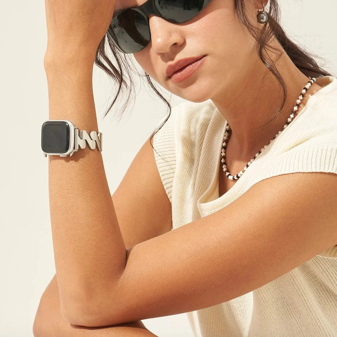 Apple Watch Bracelet in Stainless Steel, Triangular Wave Links, Brushed Finish, Azia Model