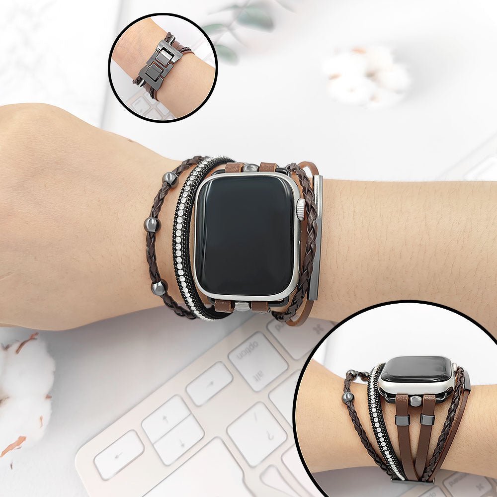 Apple Watch Multi-Strand Bracelet, Boho Chic Style, Compatible with Apple Watch, Sparkling Rhinestones, Metal Clasp, Abigaëlle Model