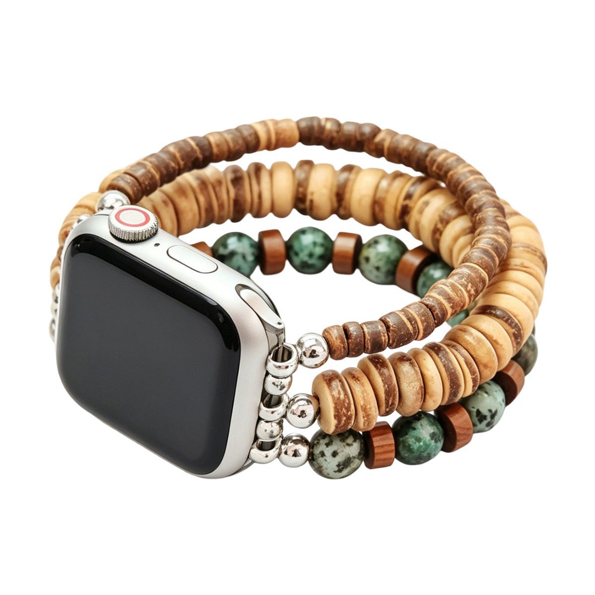 Multi-strand Apple Watch bracelet, combining the elegance of natural wood and the brilliance of African turquoise, Yidza model