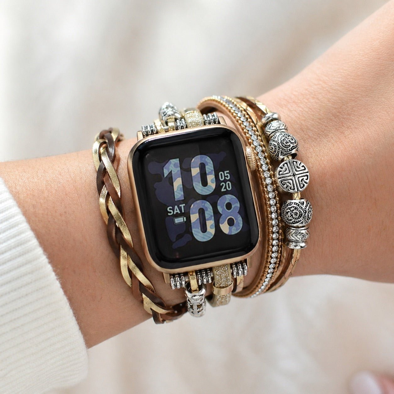 Apple Watch Multi-Strand Bracelet, Adjustable Wrist Jewelry, Braided Straps and Metallic Beads, Elegant Accessory for Smartwatch, Shiny and Textured Finish, Rédine Model