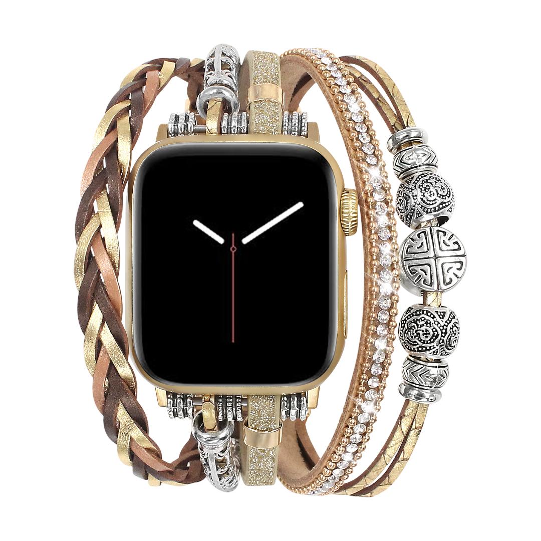 Apple Watch Multi-Strand Bracelet, Adjustable Wrist Jewelry, Braided Straps and Metallic Beads, Elegant Accessory for Smartwatch, Shiny and Textured Finish, Rédine Model