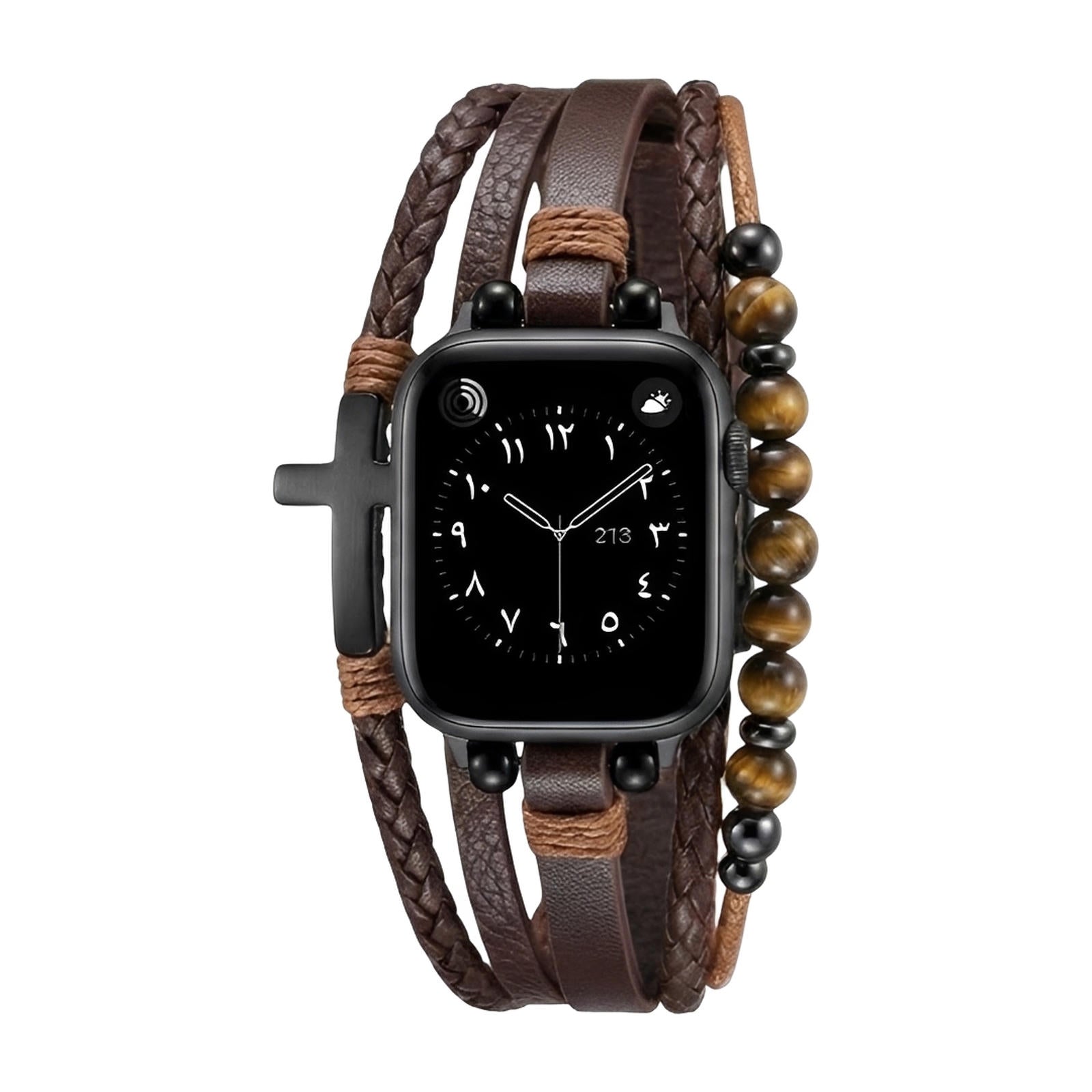 Apple Watch Multi-Strand Bracelet, Tiger Eye Beads and Black Cross, Vegan Faux Leather, Adjustable Clasp, Caleb Model
